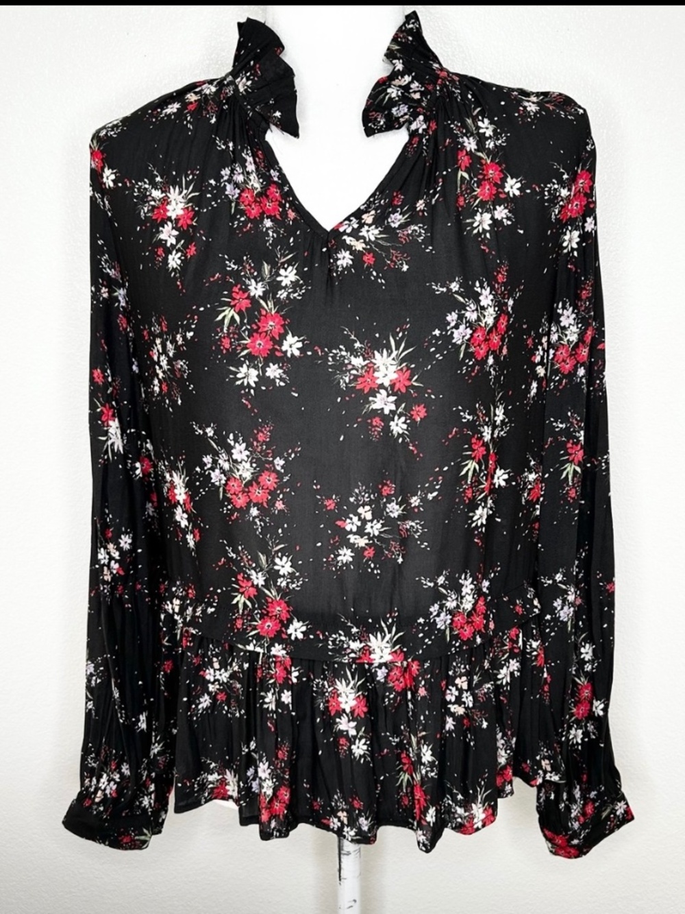 Ro & De Womens Black & Red Floral Long Sleeve Top Blouse Size XS